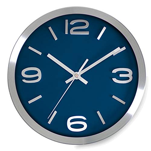 Bernhard Products Wall Clock 10 Inch Modern Silver Round Elegant Metal Quality Quartz, Silent Non Ticking Battery Operated Home Office Clock with 3D Numbers (Silver & Prussian Blue) - color: Silver & Prussian Blue