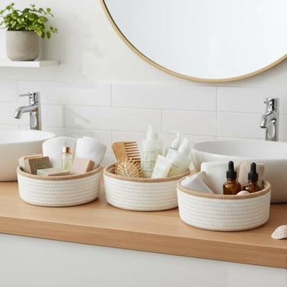 Set of 3 Small Woven Baskets, Mini Round Storage Baskets for Organizing, Decorative Boho Rope Baskets for Bathroom, Nursery, Desk, Tiny Bin for Makeup, Jewelry, Small Items, White & Jute
