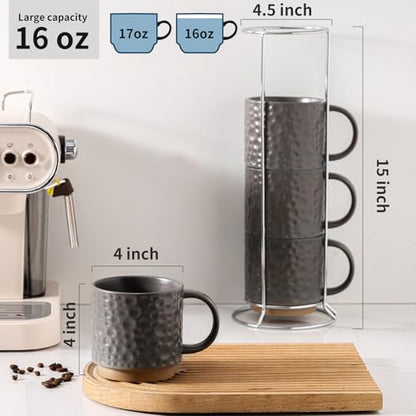Nihow 16 Oz Ceramic Coffee Mug Set of 4 with Stackable Stand,Matte Gray | Stackable, Stainless Stand Included, Cappuccino & Tea, Hot/Cold Drinks, Dishwasher & Microwave Safe - color: Matte Gray, size: 16 oz With Stand