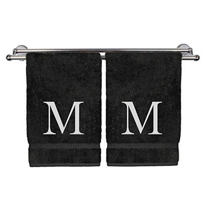 Monogrammed Hand Towel, Personalized Gift, Set of 2- White Block Letter Embroidered Towel - Extra Absorbent 100% Turkish Cotton - Soft Terry Finish - Initial M Black - color: Black & White, size: Initial M