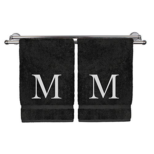 Monogrammed Hand Towel, Personalized Gift, Set of 2- White Block Letter Embroidered Towel - Extra Absorbent 100% Turkish Cotton - Soft Terry Finish - Initial M Black - color: Black & White, size: Initial M