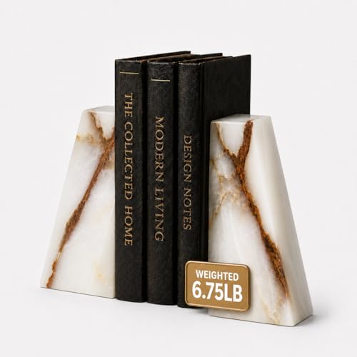 Bey-Berk White Triangular Onyx Marble Bookends - Heavy-Duty Wedge Design, Modern Office and Bookshelf Organizer - color: White