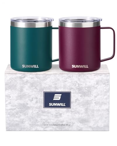 SUNWILL Travel Coffee Mug Set of 2, Insulated Tumbler with Lid, 14 oz Stainless Steel Cup with Handle for Camping, Office, Home, Powder Coated Forest Green & Plum - color: Powder Coated Forest Green & Plum