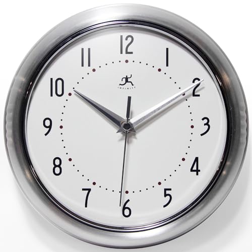 Infinity Instruments LTD. Retro 9 inch Silent Sweep Non-Ticking Mid Century Modern Kitchen Diner Wall Clock Quartz Movement Retro Wall Clock Decorative (Silver)… - color: Silver, size: 9.5 Inch
