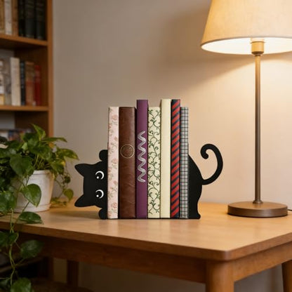 Peekaboo Cat Bookends for Shelves, Black Metal Decorative Book Ends, Heavy Duty Book Stoppers for Home & Office Desk, Ideal Gift for Cat Lovers & Book Lovers - style: Cute Cat