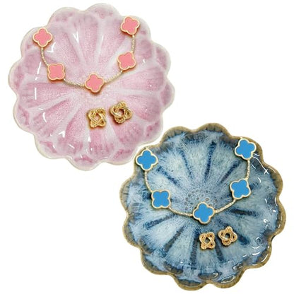 Lotus Ceramic Jewelry Tray, Small Trinket Jewelry Ring Holder Organizing Dish, for Parents Daughter Friends Sister, Birthday Gifts for Women, Retro Blue & Pink - color: Retro Blue & Pink