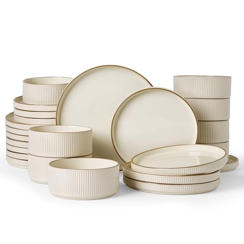 Famiware Stoneware Dinnerware Set for 8, Rimmed Plates, Bowls, Cream Dishes | 24-Piece Ceramic Dishes, Chip & Scratch Resistant , Microwave & Dishwasher Safe, Everyday Dining, Modern Rustic, Lipped Edges - color: Cream, size: Service for 8