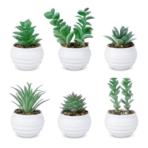 GREENTIME 6Pcs Green Artificial Succulents in Plastic Pots Fake Plants | Zero Maintenance Small Faux Succulents Room Decor Aesthetic for Indoor Bathroom Office Desk Bedroom Shelf Living Room Kitchen - color: Green-white Ribbed Pot