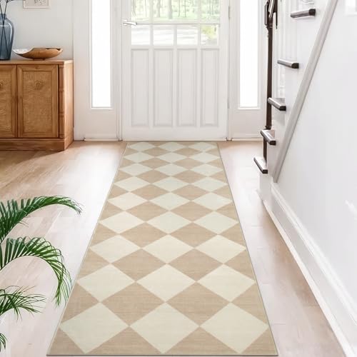 Beeiva Checkered Print Carpet Runners for Hallway 6ft, Beige Ultra Thin Washable Kitchen Runner Rug Non Slip, Moroccan Plaid Checkerboard Decor Faux Wool 2x6 Rug for Bedroom Bathroom Entryway - color: Beige, size: 2' x 6' (Rectangular)