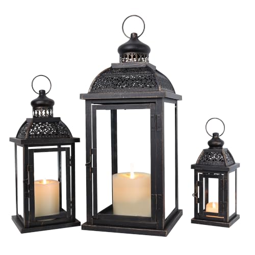 Lanterns Decorative Indoor&Outdoor, 19’’&14’’&10’’ Extra Large Metal Candle Lanterns, Vintage Candle Holders Farmhouse Shelf Wedding Front Porch Patio Decor, Christmas Halloween Decorations for Home - color: Black With Bronze Brush / 19.7''+14.2'' +10'' /
