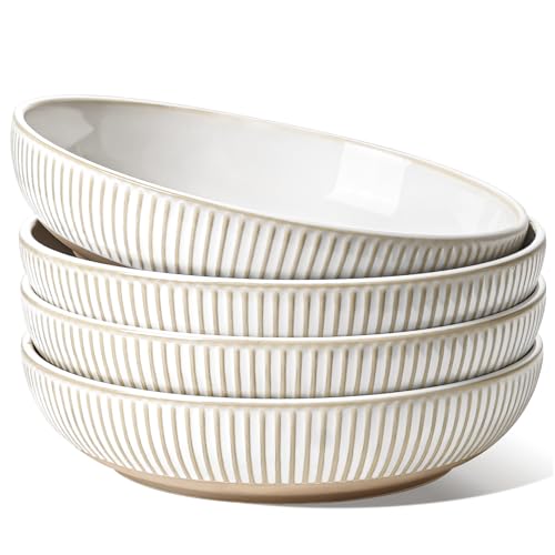 LE TAUCI Pasta Bowls 46oz, Large Salad Bowl, Ceramic Embossment Stoneware Serving Plate Bowl for Fruits, Noodle, Dinner, House-warming Wedding Present - 9 Inch, Set of 4, Arctic White - size: 9 Inch