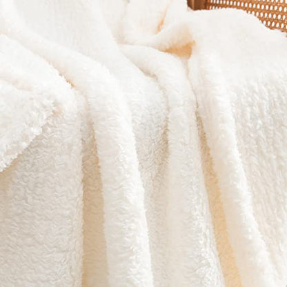 Ultra Soft Fleece Sherpa Blanket Queen Size, Lightweight Cozy Pattern Reversible Bed Blanket for All Season, Antique White, 90”x90” - color: Antique White, size: Queen-90" x 90"