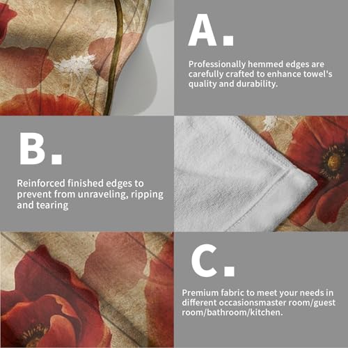 Imiss Red Poppy Flower Hand Towels Set of 2 - Rustic Brown Wooden Multi-Purpose Guest Kitchen Towel 14.4 x 28.3 Inch for Face Bathroom Gym Spa - color: Red Poppy Floral