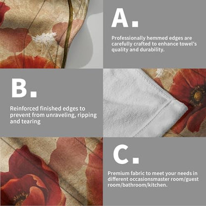 Imiss Red Poppy Flower Hand Towels Set of 2 - Rustic Brown Wooden Multi-Purpose Guest Kitchen Towel 14.4 x 28.3 Inch for Face Bathroom Gym Spa - color: Red Poppy Floral