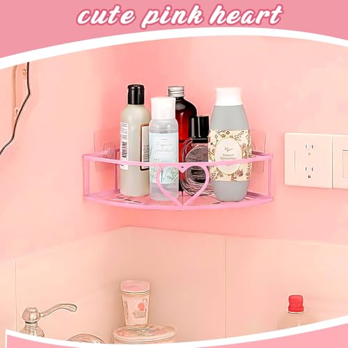2 Pack Pink Heart Corner Shower Caddy No Drilling Pink Shower Shelves Coquette Corner Caddy with 5 Adhesive Hooks Sweet Decor for Bathroom Kitchen Bedroom - style: Heart