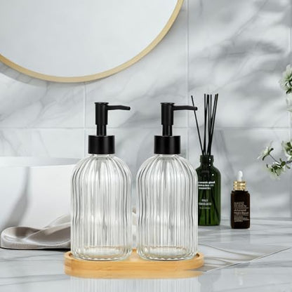 Kitchen Soap Dispenser Set with Wood Tray, Glass Soap Dispenser with Plastic Pump, Hand and Dish Set for Bathroom Decor (Clear)