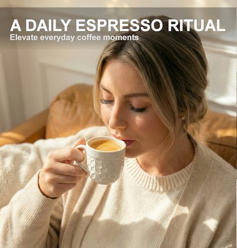 25DOL Small 3.3 Oz Ceramic Espresso Cups Set of 2 - White Cappuccino Cup with Nature Engravings and Comfort-Grip Handle - Expresso Coffee cups, Lead-Free Shot Mugs, Safe for Dishwasher, Microwave