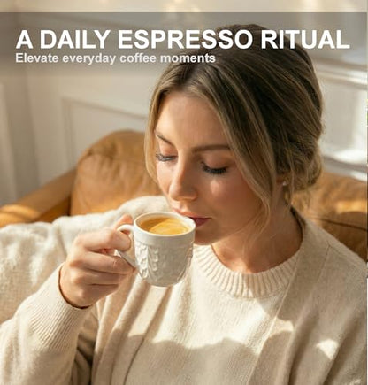 25DOL Small 3.3 Oz Ceramic Espresso Cups Set of 2 - White Cappuccino Cup with Nature Engravings and Comfort-Grip Handle - Expresso Coffee cups, Lead-Free Shot Mugs, Safe for Dishwasher, Microwave