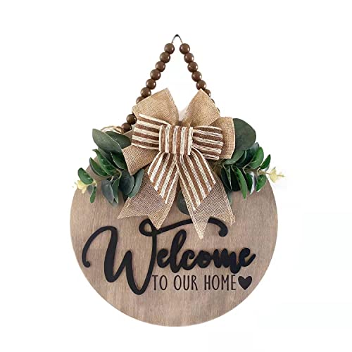 3D Welcome Sign for Front Door | Home/Farmhouse Porch Décor Wooden Hanging Sign with Artificial Leaves and Rustic Beads | Christmas Classroom |12" Round - color: Oak_Nature