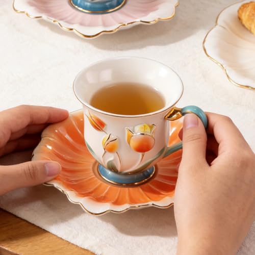 KAMMAK Tea Cups and Saucers Set of 2, Porcelain Coffee Cups, NX013 | Gold Rim, Stackable Espresso Mugs, Ceramic Demitasse for Coffee, Latte, Americano, Afternoon Tea, Elegant Gift for Women - size: 8CZNX013+14