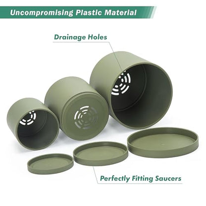 D'vine Dev 3-Pack Plastic Pots & Saucers, 6/6.5/8 in, Olive, 74-V-I-3 | Multi-Size Options, Lightweight Durable, Matte Finish, Cylinder Shape, Drainage Holes, Sleek Design, Detachable Saucer - color: Olive, size: Medium