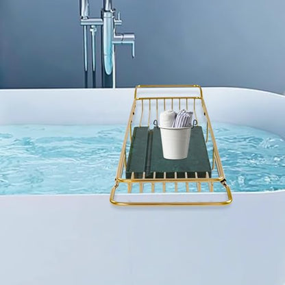 Bathtub Tray Caddy for Luxury Bath, 26.8-35.4in Expandable Bathtub Tray with Raised Guardrail and Deep Groove, 44.09 lbs Capacity, for Toiletries, Tablets, Kitchen Sink Fruits (Gold, Green) - color: Gold, Green