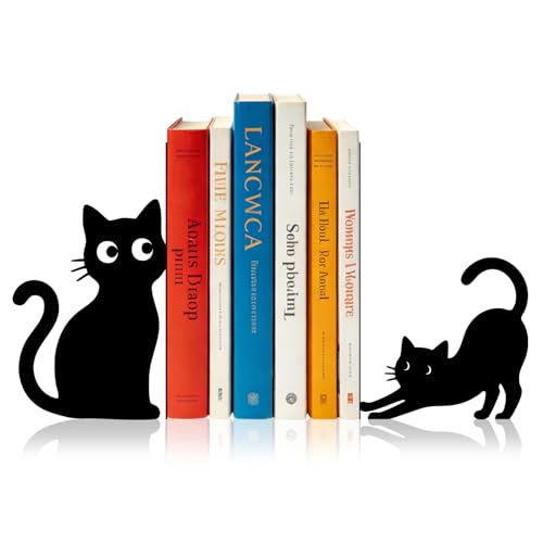 Sanwarm Bookends, 2 Pcs, Metal, for Home Office Desk Shelves Cats Funny | Black Decorative Book Ends Non-Skid Book Stoppers Holder 1 Pair Gifts for Reading Enthusiasts Library Decor - color: Black Cat 5