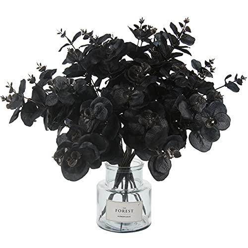 Tinsow 5 Pcs Black Artificial Eucalyptus Stems Faux Eucalyptuses Branches Black Leaf Halloween Centerpiece Halloween Home Decor (Black, 5) - color: Black