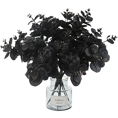 Tinsow 5 Pcs Black Artificial Eucalyptus Stems Faux Eucalyptuses Branches Black Leaf Halloween Centerpiece Halloween Home Decor (Black, 5) - color: Black