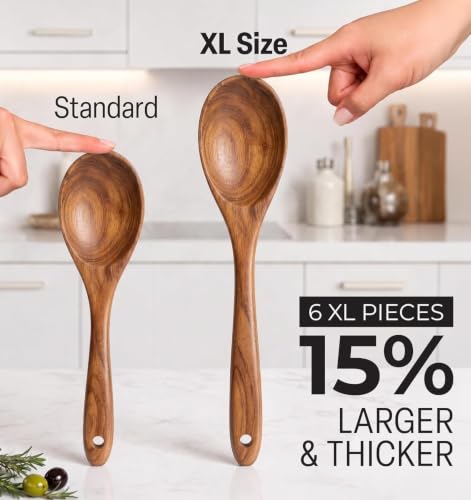 Zulay Kitchen Extra-Large 6-Piece Wooden Spoon Set - Smooth Teak Cooking Utensils - Comfort-Grip Non-Stick Turner, Spatula, Skimmer, Fork, Serving Spoon - size: 6 Piece | Large