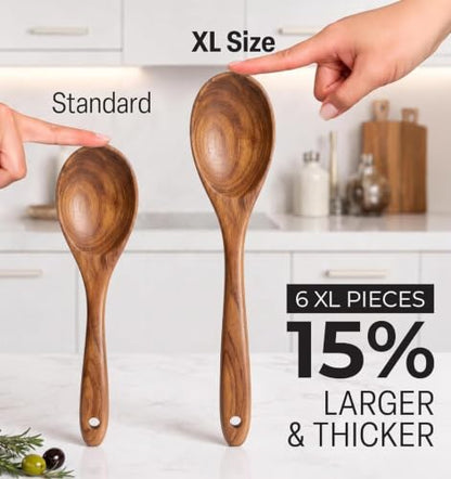 Zulay Kitchen Extra-Large 6-Piece Wooden Spoon Set - Smooth Teak Cooking Utensils - Comfort-Grip Non-Stick Turner, Spatula, Skimmer, Fork, Serving Spoon - size: 6 Piece | Large