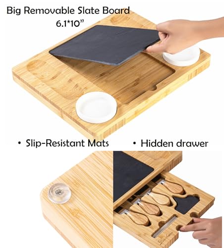 Bamboo Charcuterie Board Gift Set with Expandable Slate, Hidden Drawer, Lightweight, Modern, Natural Finish, Ideal for Cheese, Meats, and Snacks, Perfect for Gatherings or Gifting - size: 2 Grooves Charcuterie Board Set