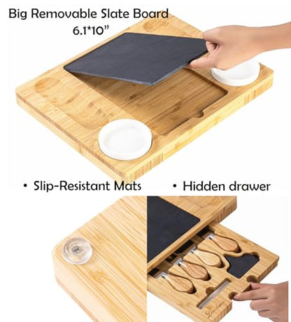 Bamboo Charcuterie Board Gift Set with Expandable Slate, Hidden Drawer, Lightweight, Modern, Natural Finish, Ideal for Cheese, Meats, and Snacks, Perfect for Gatherings or Gifting - size: 2 Grooves Charcuterie Board Set
