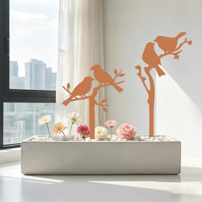 Metal Birds Garden Stake Set 2, 14.6 Inches | Rustproof Metal With Faux Rust, For Lawn, Flower Beds, Planters, Indoor Pots, Bird Silhouette Design