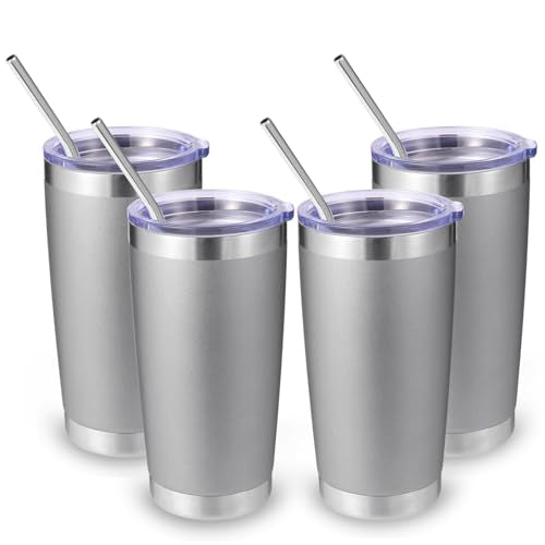Volhoply 20oz Stainless Steel Tumbler with Lid and Straw Bulk 4 Pack,Double Wall Insulated Travel Iced Coffee Mug Fits Cup Holder,Powder Coated Cups for Hot/Cold Drinks,Christmas Gifts（Gray,4 Set） - color: Gray