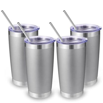 Volhoply 20oz Stainless Steel Tumbler with Lid and Straw Bulk 4 Pack,Double Wall Insulated Travel Iced Coffee Mug Fits Cup Holder,Powder Coated Cups for Hot/Cold Drinks,Christmas Gifts（Gray,4 Set） - color: Gray