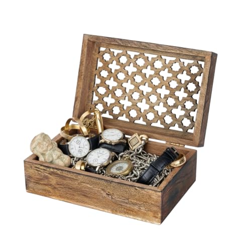Trellis Mango Wood Storage Box - Medium Burnt, 9x6 in | Handcrafted keepsake box featuring an easy opening lid to create storage for delicate jewelry or home décor accents. - color: Medium Burnt, size: Large
