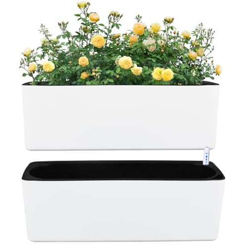 2 Pack Rectangular Planter 15.6 x 5.4 in Self Watering Planter Window Sill Planters Indoor Rectangle Plant Pot Self Watering Pots Plastic Plant pots with Drainage Holes Black Flower Pot - color: White