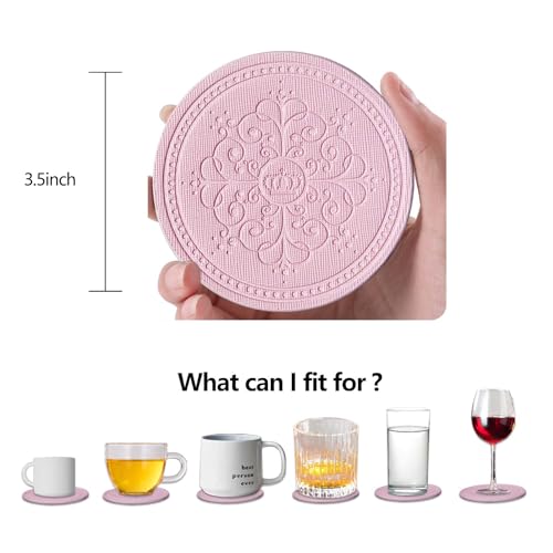 Coasters Set of 6 - PU Leather Coasters for Drinks with Holder - Pink - color: Pink