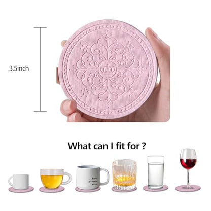 Coasters Set of 6 - PU Leather Coasters for Drinks with Holder - Pink - color: Pink