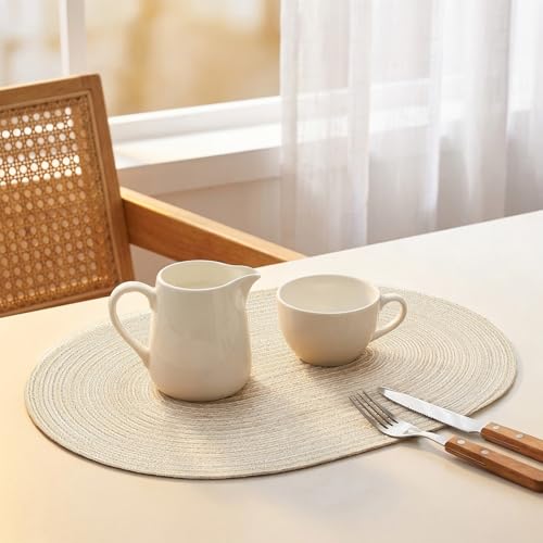 Placemats Set of 6, Woven Oval Braided Dining Table Mats(Cream White) | 12 x 17.5 Inch Size Fits Plates and Flatware; Hand Washable and Heat Resistant for Kitchen Use, with Farmhouse and Boho Style - color: Solid Beige White, size: 6 pcs