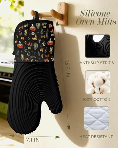 Slohif Long Silicone Oven Mitts Heat Resistant for Women - 2 Pcs Black Mushroom 100% Cotton Oven Gloves, Non-Slip and Waterproof Silicone Oven Mitts with Hanger for Baking and Cooking - color: Black Mushroom
