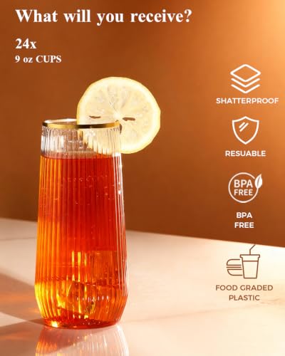 BESTSTAR 48Pack Gold Rim Disposable Ribbed Origami Ripple Plastic Glasses | 24 9 OZ Stemless Champagne Flutes & 24 12OZ Cups, BPA-Free Shatterproof Clear Drinkware for Weddings, Parties & Events - color: Clear Gold Rim Ribbed