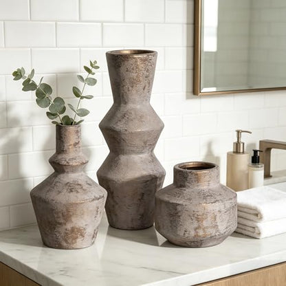 DREAMLOOM Modern Modern Ceramic Vase Set of 3, Classic | Funnel Shaped, Farmhouse Rustic, Pampas Grass, Home Decor, Living Room Bedroom Kitchen Shelf Centerpiece - color: Antique Bronze - Funnel-shaped