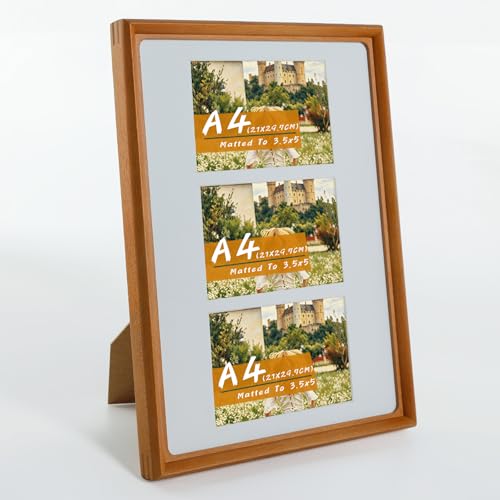 A4 Collage Picture Frame,Premium Solid Teak Photo Frame With Tempered Glass,Displays 3 Pcs 3.5x5 Pictures,Handcrafted Rounded Corner,Wall or Tabletop Display - color: Teak, size: A4