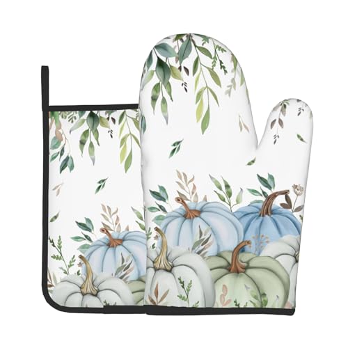 Giwawa Fall Blue Pumpkin Oven Mitts and Pot Holder Set of 2 Autumn Harvest Heat Resistant Kitchen Oven Gloves Hot Pads for Baking Cooking Grilling - color: Fall Blue Pumpkin