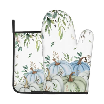 Giwawa Fall Blue Pumpkin Oven Mitts and Pot Holder Set of 2 Autumn Harvest Heat Resistant Kitchen Oven Gloves Hot Pads for Baking Cooking Grilling - color: Fall Blue Pumpkin