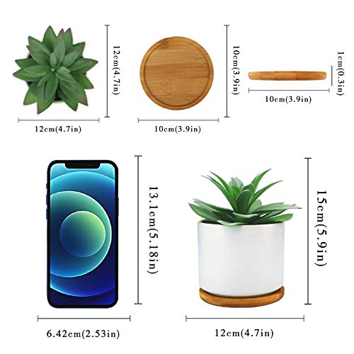 Hopewood Faux Agave Succulent Plant in White Ceramic Pots with Bamboo Tray | Artificial Succulents Plant Faux Agave Greenery Fake Potted Plant for Bedroom Home Office Desk Living Room Decor - size: Agave 1 piece