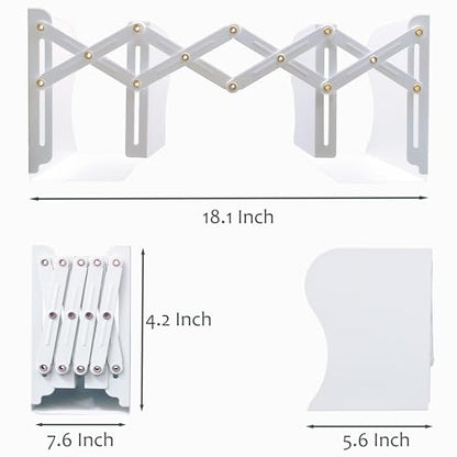 Metal Bookends, Book Ends for Heavy Books, Adjustable Book Holder for Shelves, Book Stopper for Home/School/Office, Extends up to 19 inches, White - color: White-new