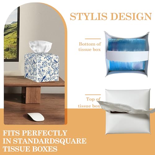 Blue Flowers Tissue Box Cover, Birds Tissue Box Holder Waterproof Leather Facial Paper Organizer Dispenser for Bathroom Home Car Nightstand Vanity - color: Blue Flowers Birds